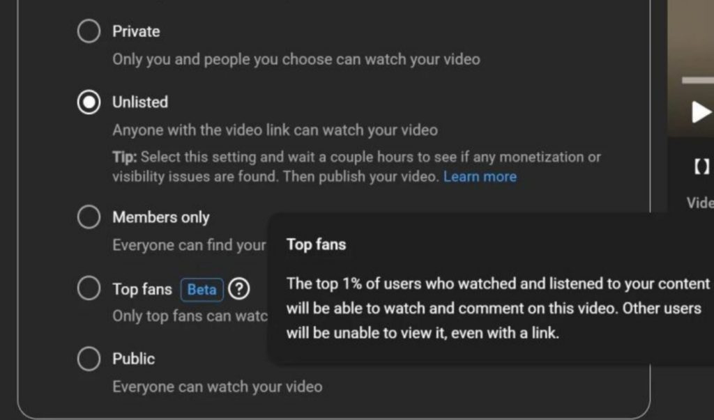 Screenshot der neuen YouTube-Betafunktion Top Fans in den Upload-Einstellungen mit Hinweis auf exklusive Videos für die aktivsten Zuschauer:innen eines Kanals.