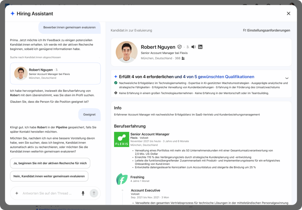 Beispielhafte Kandidat:innenevaluierung des LinkedIn Hiring Assistant, © LinkedIn, Beispielbild