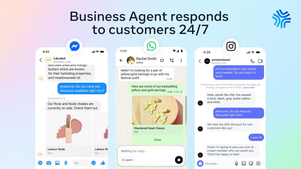 Grafik von Meta zum Business Agent auf WhatsApp, Messenger und Instagram. Gezeigt werden Beispiel-Chats, in denen die KI Kund:innenfragen beantwortet, Produkte empfiehlt und bei Bedarf an menschliche Mitarbeitende übergibt.