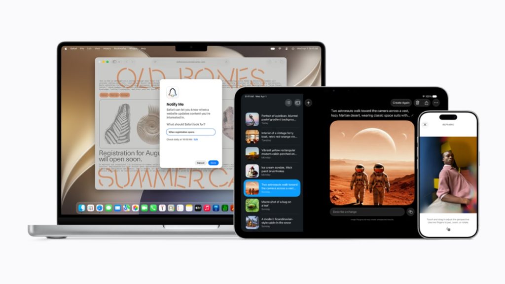MacBook, iPad und iPhone mit neuen Funktionen von Apple Intelligence, darunter KI-Bildgenerierung, intelligente Benachrichtigungen und Bildbearbeitung.