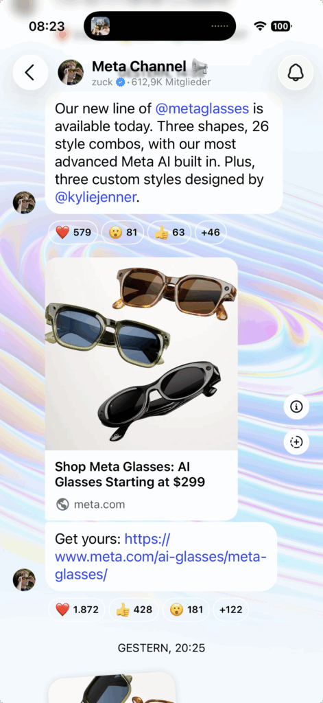 Screenshot eines Beitrags aus Mark Zuckerbergs Instagram Broadcast Channel „Meta Channel“. Darin kündigt er die neuen Meta Glasses mit 26 Stilvarianten und integrierter Meta AI an. Unter dem Beitrag sind drei Modelle der Smart Glasses in unterschiedlichen Fassungen und Farben zu sehen, darunter eine ovale Variante von Kylie Jenner.