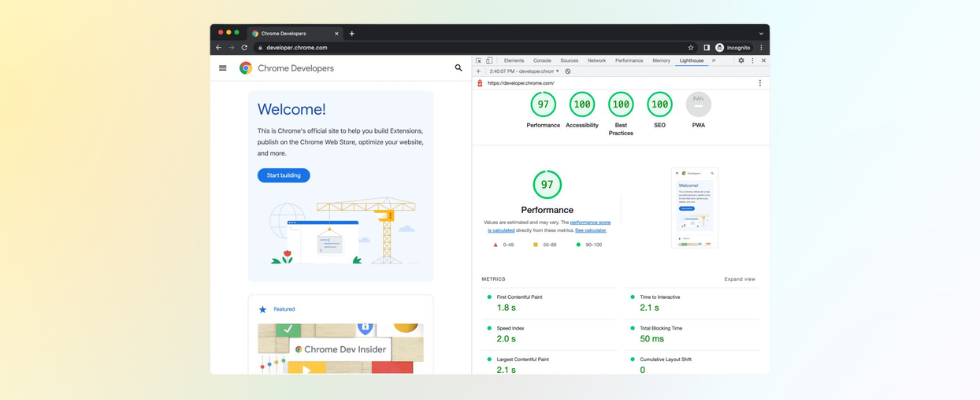 Screenshot der Chrome Developer Tools mit Lighthouse-Bericht. Neben Performance, Accessibility, Best Practices und SEO wird die neue experimentelle Kategorie Agentic Browsing für die Bewertung der Interaktion von KI Agents mit Websites vorgestellt.