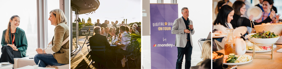 Collage mit Eindrücken eines Digital Bash On Tour Events: Teilnehmende im Austausch, Networking auf einer Dachterrasse, Speaker auf der Bühne sowie Catering und Gespräche in entspannter Atmosphäre.