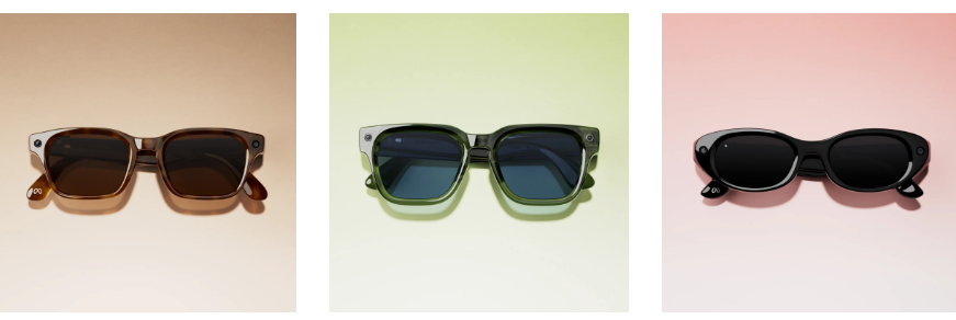Produktaufnahme der drei neuen Meta Glasses-Modelle vor unterschiedlich farbigen Hintergründen. Zu sehen sind die rechteckige Adventurer mit braunen Gläsern, die markante Fury mit grünem Rahmen und die ovale Starfire-Fassung in Schwarz, die gemeinsam mit Kylie Jenner entwickelt wurde.