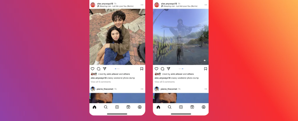 Zwei Smartphone Mockups mit Instagram Carousel samt Musik-Anzeige, Farbverlauf orange-violett im Hintergrund