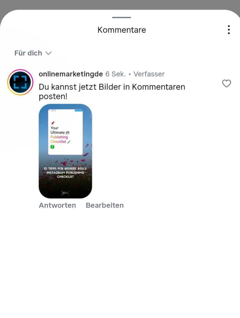 Instagram-Kommentaransicht auf einem Smartphone. Der Account onlinemarketingde veröffentlicht einen Kommentar mit eingebettetem Bild. Der Screenshot zeigt, wie Fotos direkt als Kommentar unter einem Beitrag gepostet werden können.