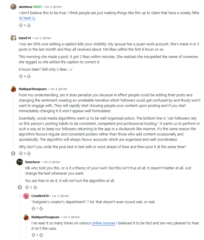 Ausschnitt aus der Reddit-Diskussion rund um etwaige Reichweitenverluste durch Caption-Anpassungen auf Instagram, Screenshot, © Reddit
