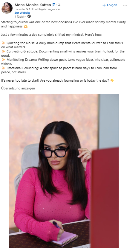 Auch Gründer:innen setzen auf das Journaling, © Mona Monica Kattan via LinkedIn