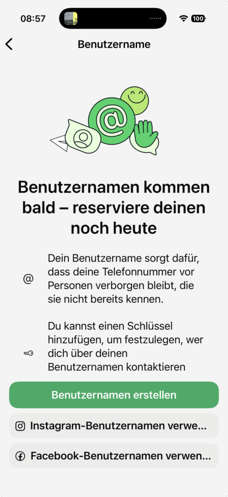 In der iOS App zeigt WhatsApp dir die neue Option zum Reservieren des Usernames an, eigener Screenshot