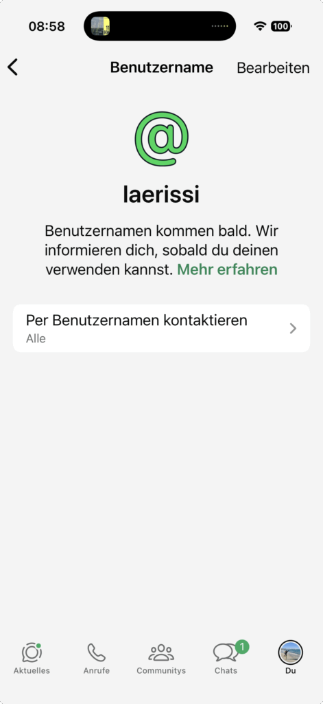 So kann ein reservierter Username aussehen, eigener Screenshot