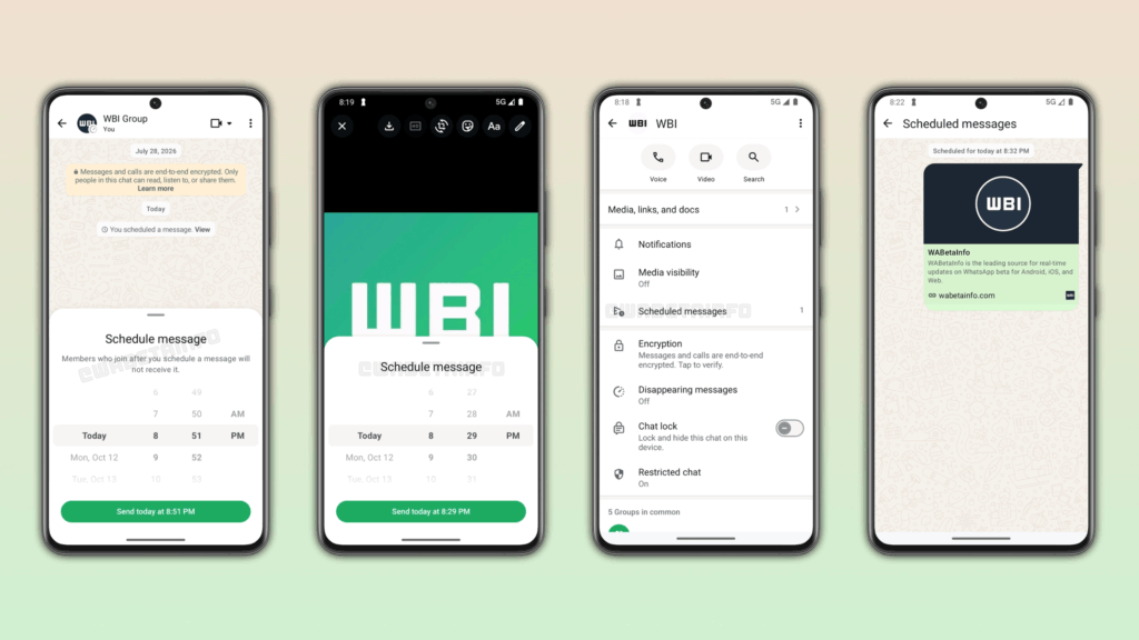 Vier Smartphone Screenshots, welche die neue WhatsApp-Funktion zeigen. Mit scheduled messages lassen sich WhatsApp-Nachrichten bis zu zwei Wochen im Voraus planen, sowohl in Einzel- als auch in Gruppen-Chats, © WABetaInfo