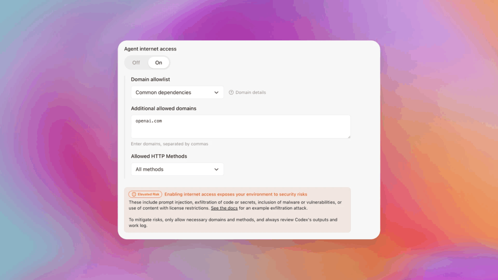 So sieht das Warn-Label bei Codex aus, © OpenAI, Warnung im Codex Interface
