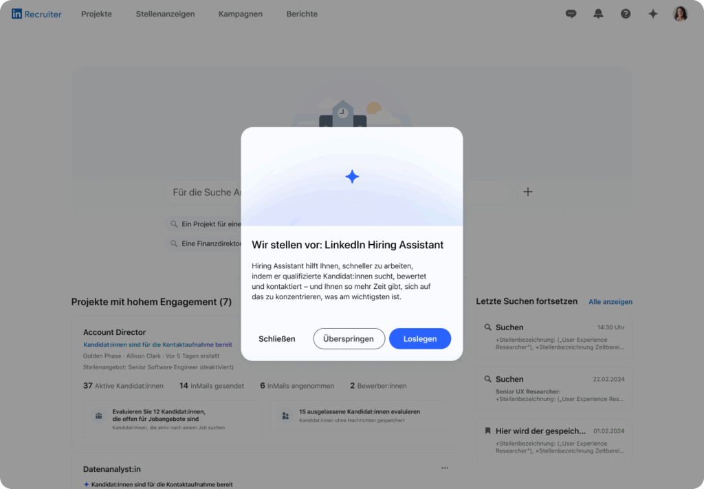 Die Startseite des LinkedIn Hiring Assistant, © LinkedIn, Screenshot