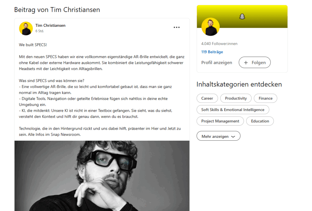 Tim Christiansen über die neuen SPECS und ihre Funktionen auf LinkedIn, © Tim Christiansen/LinkedIn, Screenshot