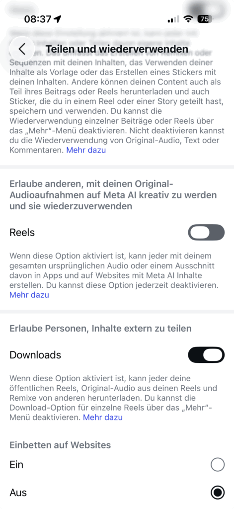 Instagram-Einstellung „Teilen und wiederverwenden“ mit Schalter zur Nutzung von Inhalten für Meta AI.