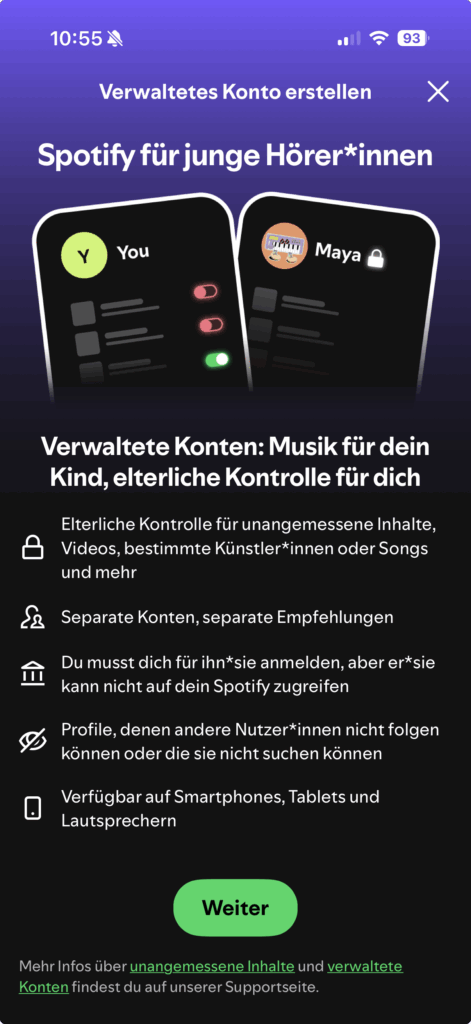 Screenshot der deutschen Spotify App mit der Einrichtung eines Kinderkontos und den wichtigsten Funktionen der Managed Accounts.