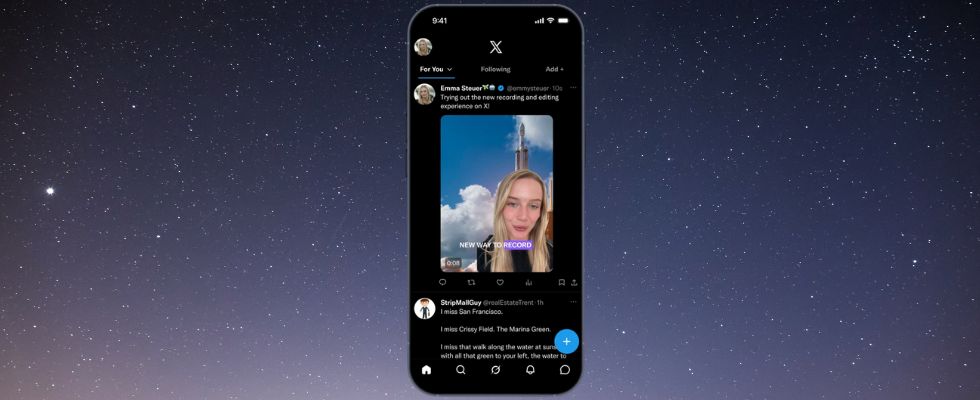 Smarthone Mockup mit X-Plattform und Video, Sterne in dunklem Himmel im Hintergrund