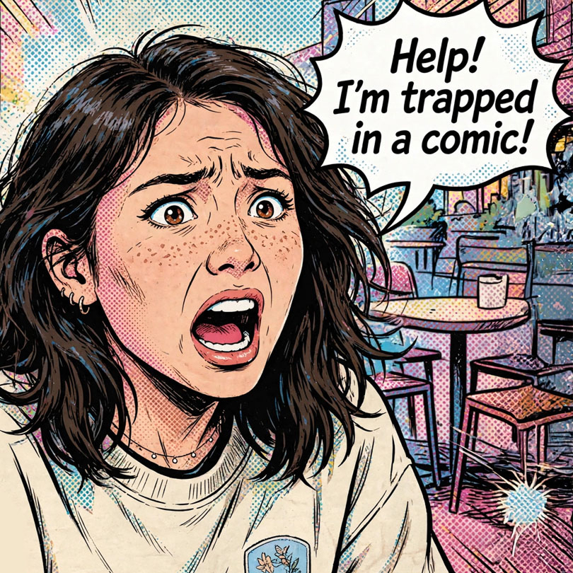 Person im Comic mit Sprechblase