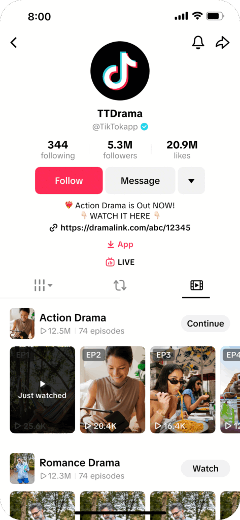 Neue Dramenserien können Accounts über das TikTok Drama Center ausspielen, © TikTok