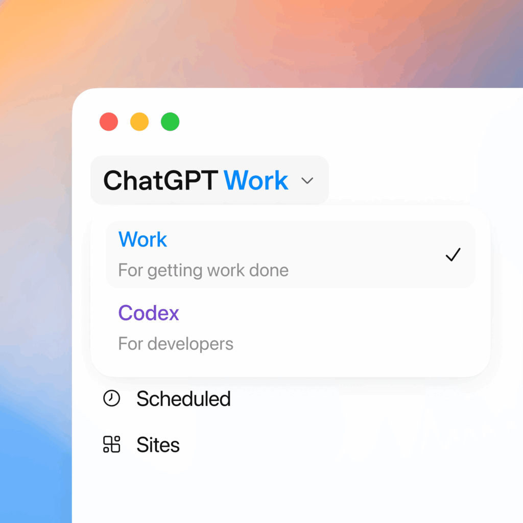 Die neue Desktop App zeigt ChatGPT Work neben Codex an, © OpenAI