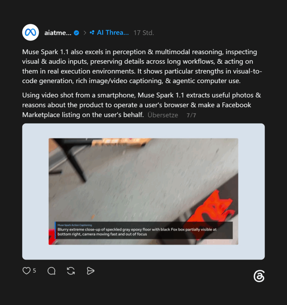 Screenshot einer Meta-Demo zu Muse Spark 1.1. Das Modell analysiert ein Smartphone-Video, beschreibt den Bildinhalt und nutzt die erkannten Informationen, um automatisch passende Produktfotos auszuwählen und ein Facebook Marketplace-Inserat zu erstellen.