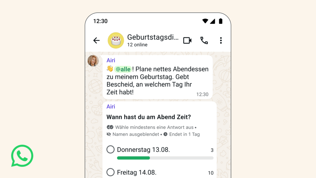 Alle zu markieren und in zeitlich begrenzte Abstimmungen zu überführen, kann die Reaktionen fördern, © WhatsApp, WhatsApp Mockup auf Smartphone, WhatsApp-Logo
