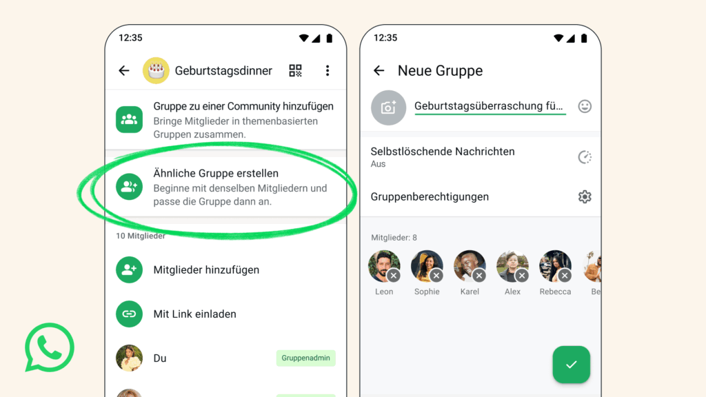 Erstelle ähnliche Gruppe mit nur einem Tippen, © WhatsApp, WhatsApp Mockup auf Smartphone, WhatsApp-Logo