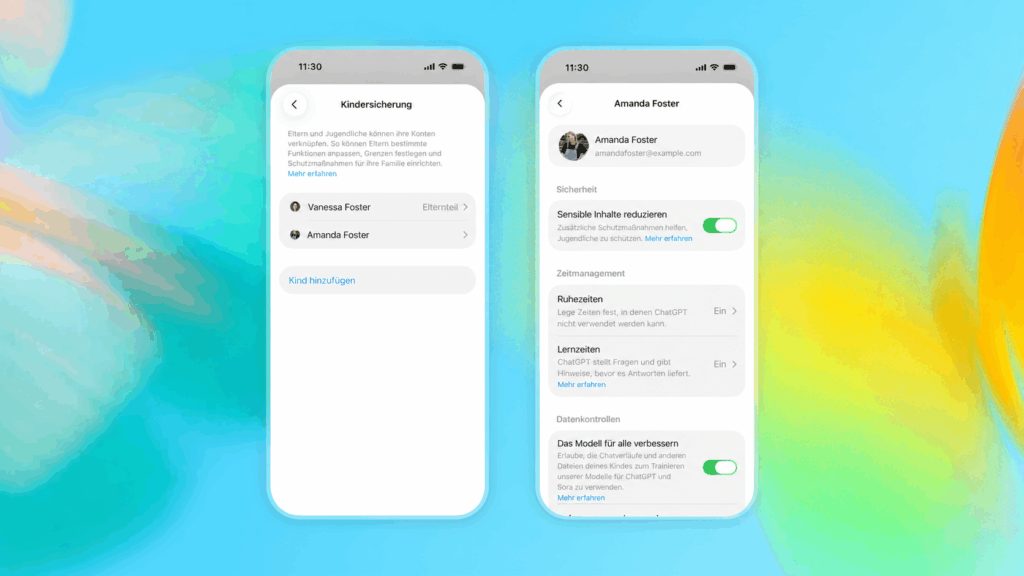Ruhezeiten, weniger sensible Inhalte und die Wahl in Bezug auf das KI-Training mit eigenen Daten gehören zum Jugendprogramm von ChatGPT, © OpenAI, Smartphone Mockups mit ChatGPT-Einstellungen