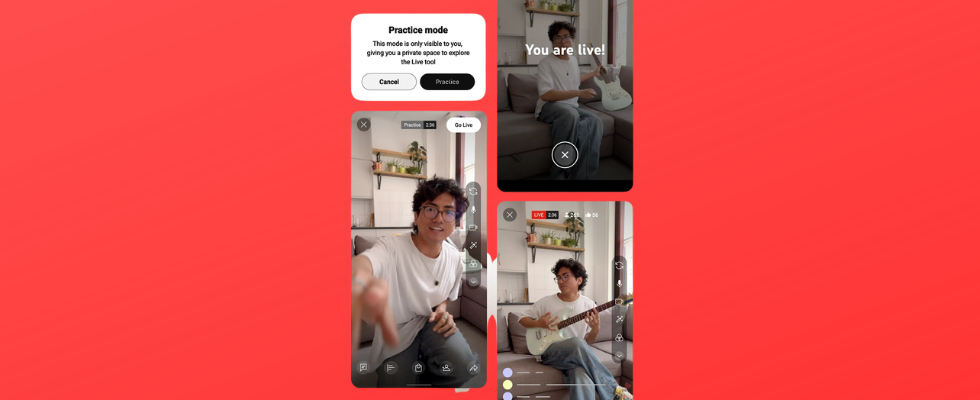 Live Practice Feature YouTube, Smartphone Mockups mit Person samt Gitarre vor rotem Hintergrund