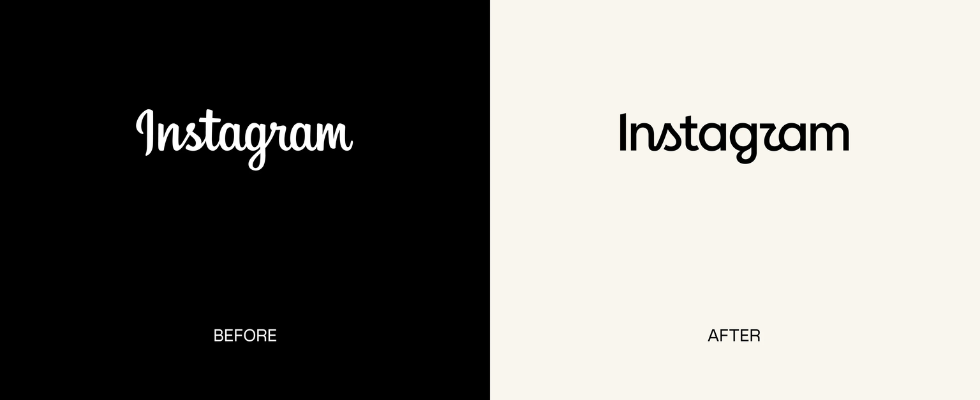 schwarzer und beigefarbener Bereich nebeneinander, darin das alte und das neue Instagram-Wordmark-Logo