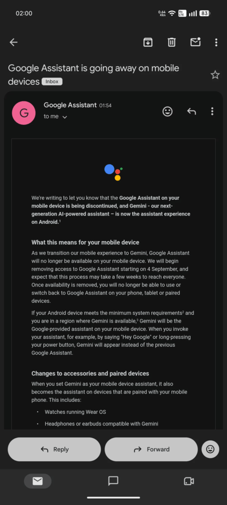 Ein Thread auf Reddit enthält eine Kopie der E-Mail, die von Google verschickt wird und das Aus für den Google Assistant ankündigt, © Reddit