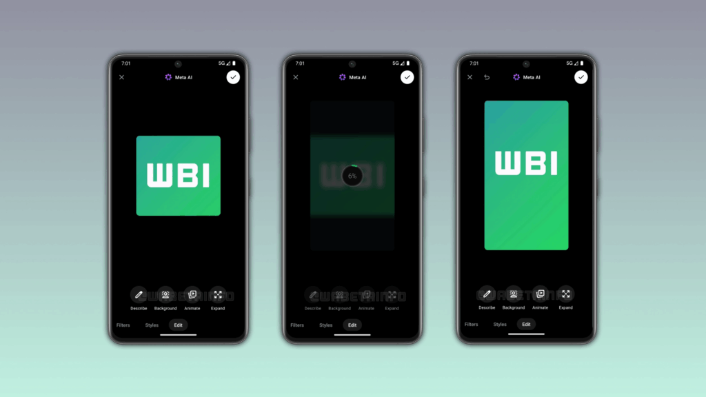 Abbildung von drei Smartphones, welche alle den WhatsApp Editor geöffnet haben: Mit Hilfe der neuen KI-Funktion sollen Fotos künftig automatisch auf das beliebte 9:16-Format erweitert werden können, © WABetaInfo