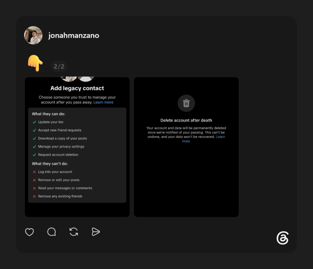 Screenshot der TikTok-Nachlassfunktion mit den Optionen „Add legacy contact“ und „Delete account after death“ sowie einer Übersicht der Rechte und Einschränkungen für den Nachlasskontakt.