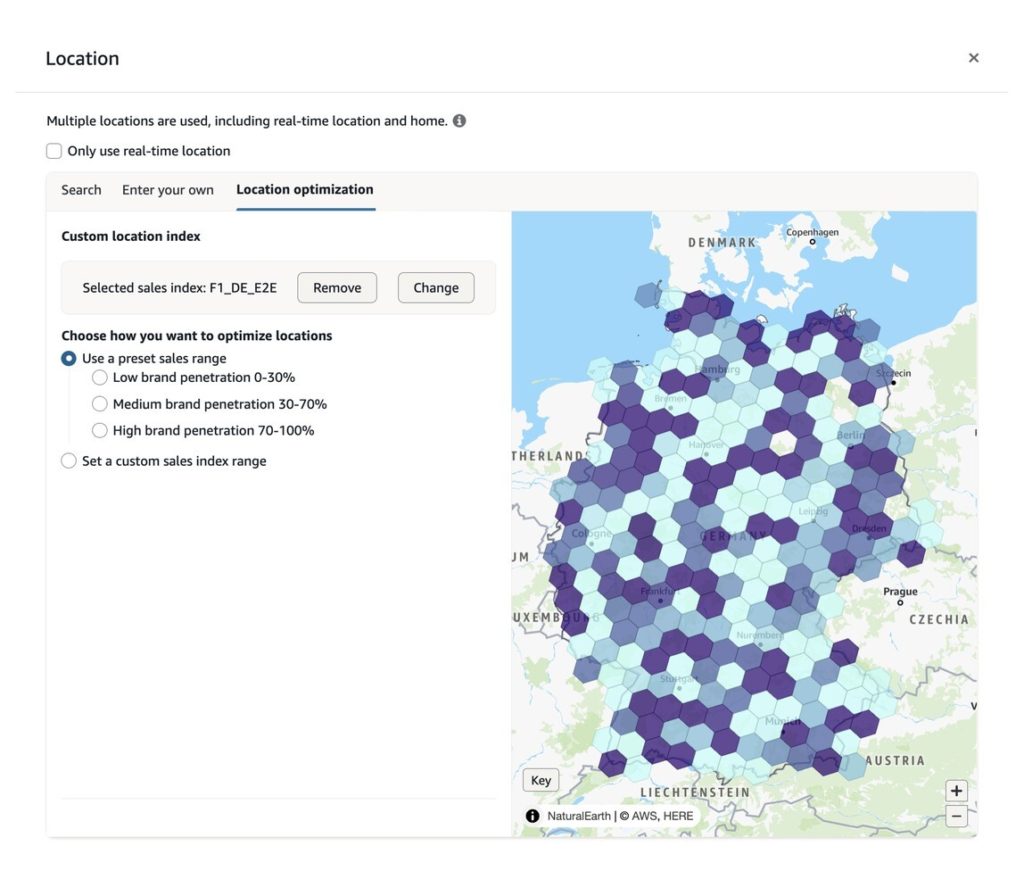 Kartenansicht von Amazon Ads Geographic Insights and Activation mit regionalen Marken- und Verkaufsdaten für Deutschland.