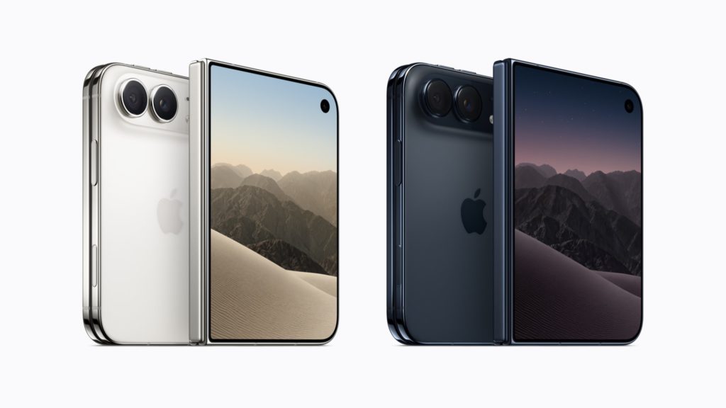 iPhone Duo in Sternenweiß und Nachthimmel, jeweils mit aufgeklapptem Display sowie sichtbarer Rückseite mit Dual-Kamera