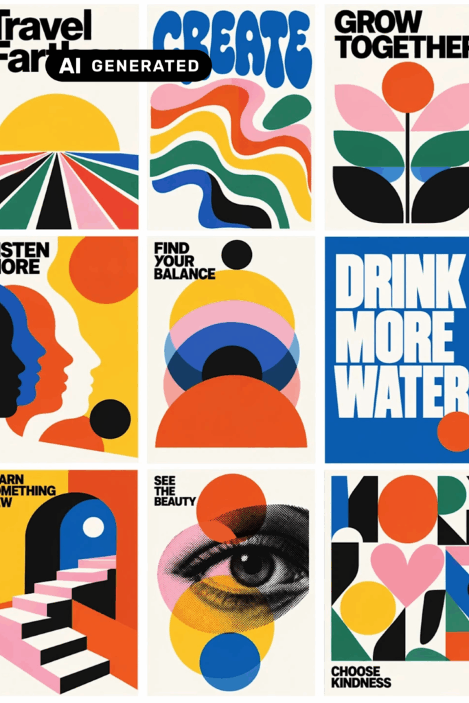 KI-generierte Poster im Mid-Century-Stil mit geometrischen Formen, kräftigen Farben und Slogans wie „Create“, „Grow Together“ und „Drink More Water“.