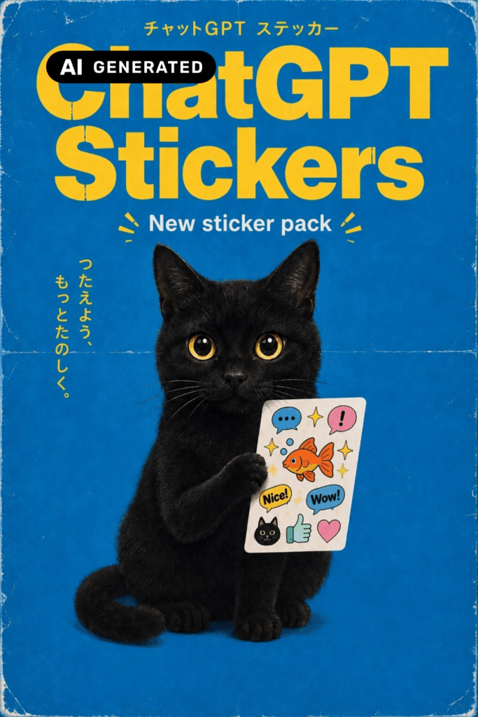 KI-generiertes blaues Vintage-Poster mit schwarzer Katze, gelbem Schriftzug „ChatGPT Stickers“ und einem Bogen mit bunten Stickern.