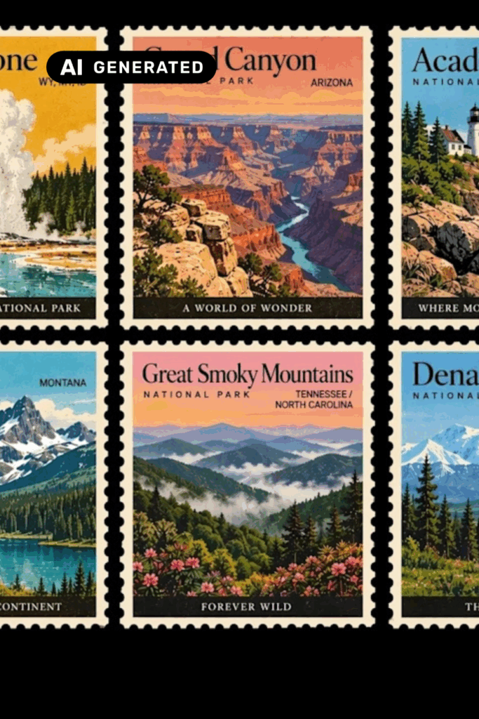 KI-generierte Vintage-Briefmarken mit Illustrationen der US-Nationalparks Yellowstone, Grand Canyon, Acadia, Glacier, Great Smoky Mountains und Denali.