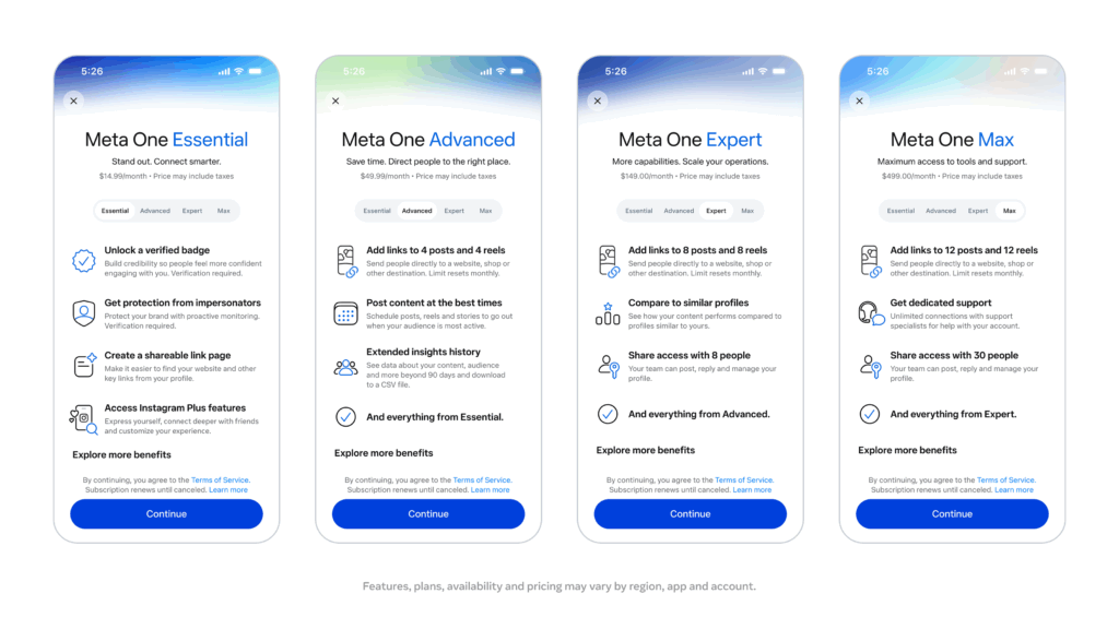 Meta One Essential, Advanced, Expert und Max mit Business-Funktionen und unterschiedlichen Preisen.