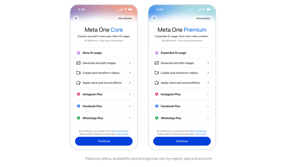 Meta One Core und Premium mit zusätzlichen AI-Funktionen für Bilder, Videos und Voice Effects.