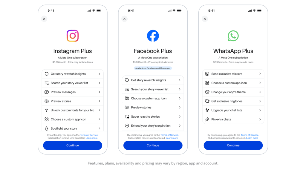 Instagram Plus, Facebook Plus und WhatsApp Plus mit Preisen und zusätzlichen Funktionen im Vergleich
