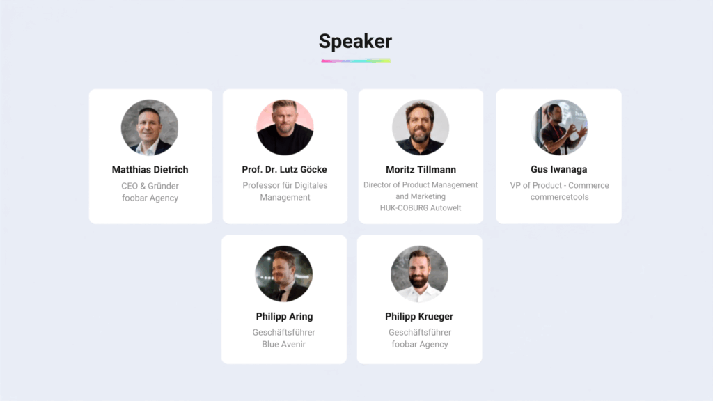 Speaker des Commerce Impact Forum 2026: Matthias Dietrich, Prof. Dr. Lutz Göcke, Moritz Tillmann, Gus Iwanaga, Philipp Aring und Philipp Krueger