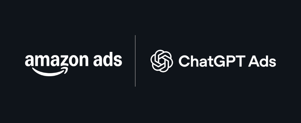 dunkler Hintergrund, Amazon- und OpenAI-Logo, Schriftzug zu Amazon und ChatGPT Ads