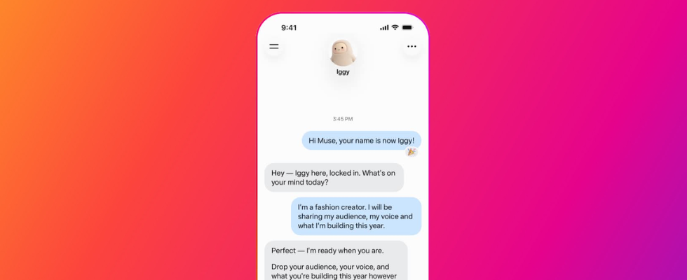 Meta Muse auf Instagram: Der personalisierte AI Agent „Iggy“ in einem Smartphone Chat auf pink-orangefarbenem Hintergrund.