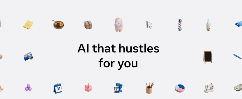 Emojis und Muse-Figur von Meta vor hellem Hintergrund, Schriftzug: AI that hustles for you