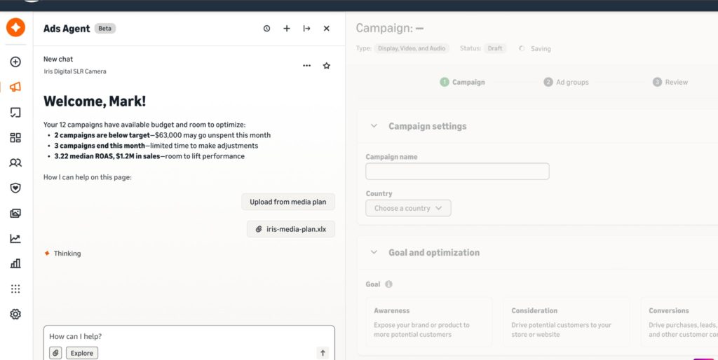 Amazon Ads Agent mit Chat-Funktion neben der Kampagnenerstellung.