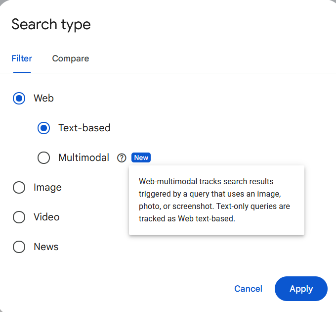 Screenshot des Suchtyp-Filters in der Google Search Console mit den Optionen Web, Text-based, Multimodal, Image, Video und News sowie dem Hinweis auf multimodale Websuchen.