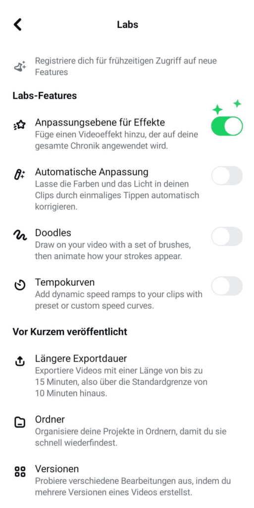 eigener Screenshot des Labs-Bereichs in der Edits App