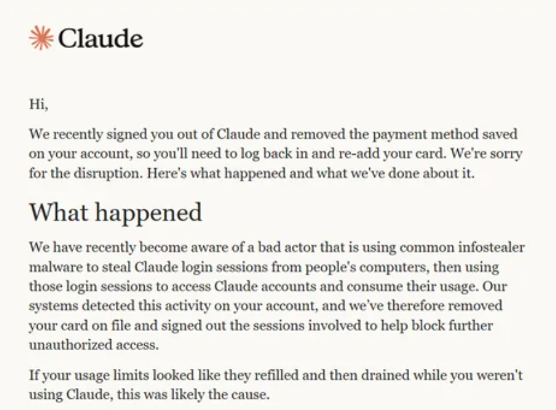 Anthropic verschickte bereits Warnmails an einige User, die gegebenenfalls von einem Angriff betroffen waren, © r/cybersecurity_help via Reddit