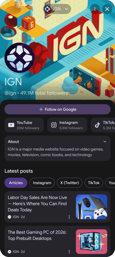 So sehen integrierte Artikel samt Thumbnail und Titel im Search Profile aus, © Google, Smartphone Mockup mit Artikelvorschau